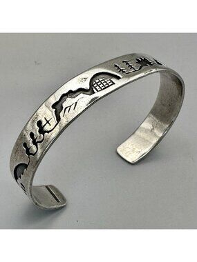 Native American Storyteller Cuff Bracelet Sterling Silver Overlay 6.5 Adjustable